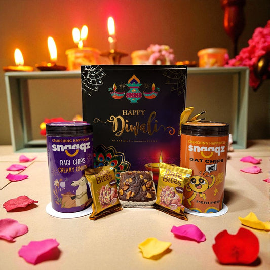 SNAAQZ Diwali Gift Hamper | 5-in-1 Healthy Snack Box with Ragi Chips Cream & Onion, Peri Peri Oat Chips, 2 Date Bites & 1 Mini Dry Cake