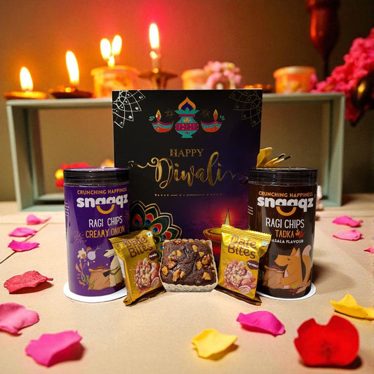 SNAAQZ Diwali Gift Hamper | 5-in-1 Healthy Snack Box with Ragi Chips Cream & Onion, Ragi Chips Masala, 2 Date Bites & 1 Mini Dry Cake